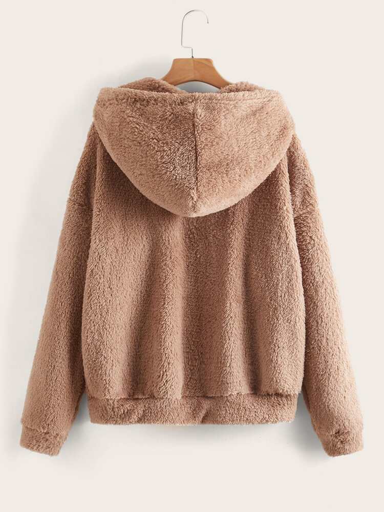 Drop Shoulder Drawstring Hooded Teddy Jacket In Fall/Winter,Casual