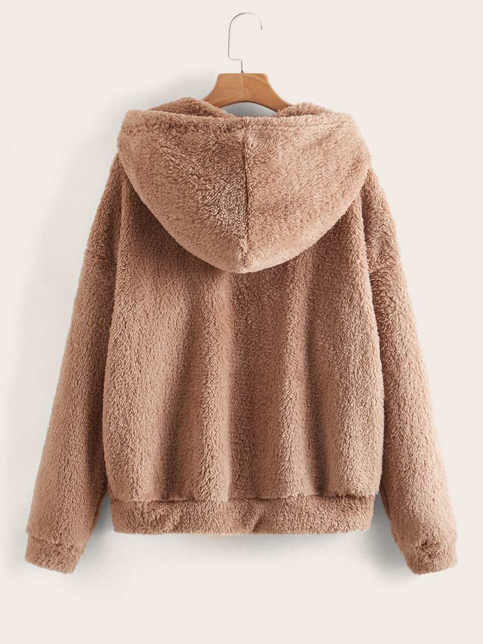 Drop Shoulder Drawstring Hooded Teddy Jacket In Fall/Winter,Casual
