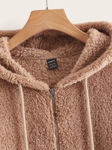 SHEIN LUNE 秋冬落肩抽绳连帽泰迪夹克 - 杏色 - 查看 4