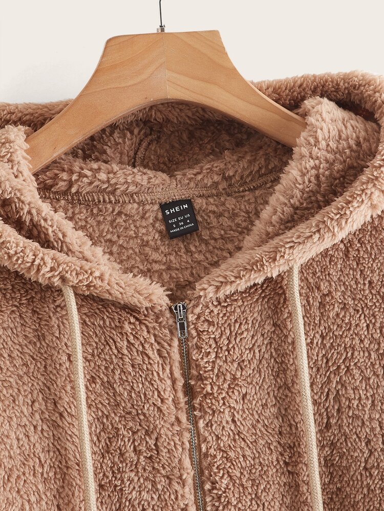 Drop Shoulder Drawstring Hooded Teddy Jacket In Fall/Winter,Casual