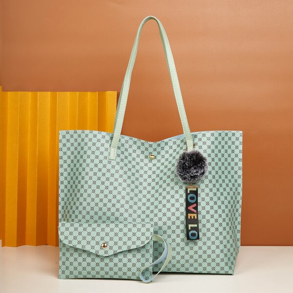 

Geometric Graphic Tote Bag With Clutch Bag & Pom Pom Charm, Green