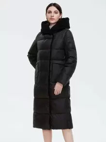 GASMAN Plus Size Patch Pocket Button Front Hooded Padded Coat - Black - View 1