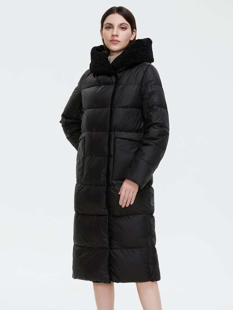 GASMAN Plus Size Patch Pocket Button Front Hooded Padded Coat - Black - View 1