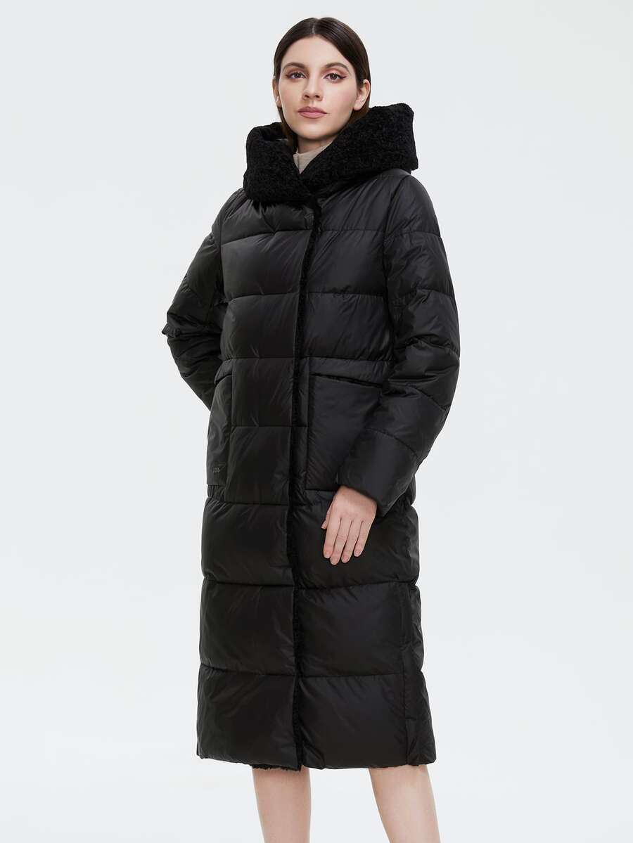GASMAN Plus Size Patch Pocket Button Front Hooded Padded Coat - Black - View 1