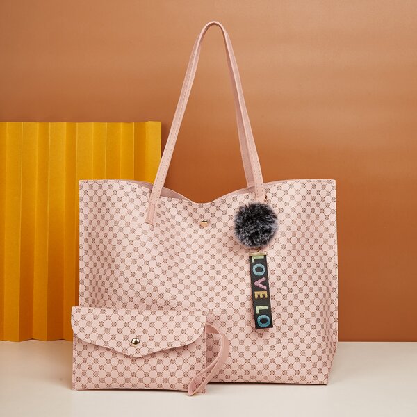 

Geo Graphic Tote Bag With Purse, Pink