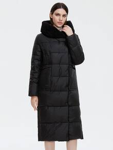 GASMAN Plus Size Patch Pocket Button Front Hooded Padded Coat - Black - View 5