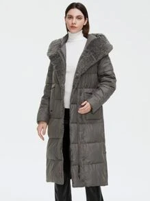 GASMAN Áo khoác độn có mũ trùm đầu cỡ lớn có túi kép - Xám - Xem 1