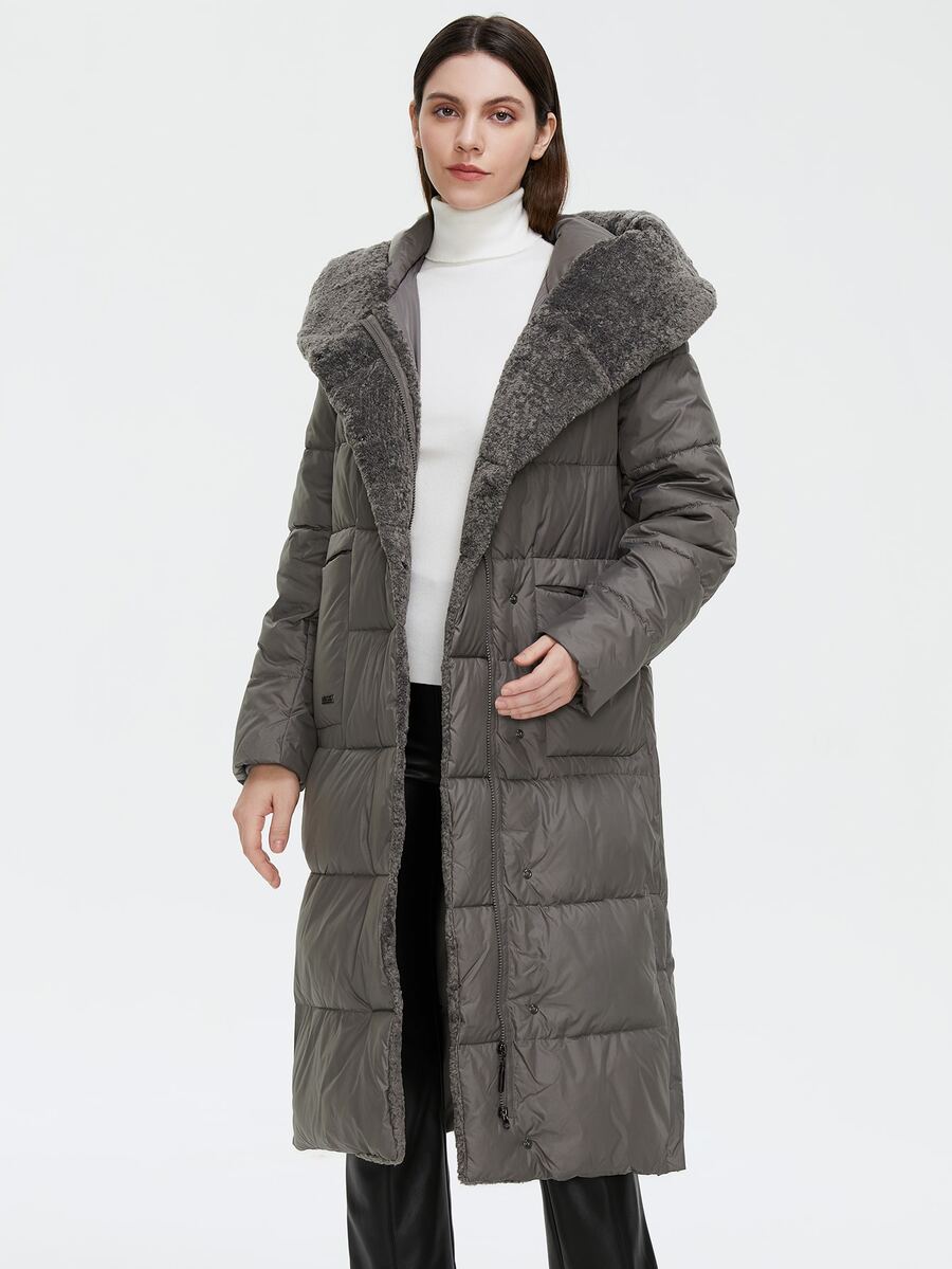 GASMAN Áo khoác độn có mũ trùm đầu cỡ lớn có túi kép - Xám - Xem 1