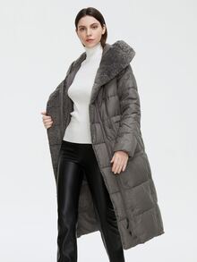 GASMAN Áo khoác độn có mũ trùm đầu cỡ lớn có túi kép - Xám - Xem 3