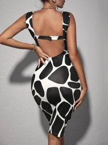 SHEIN SXY Giraffe Print Backless Bodycon Dress - Black and White - View 2
