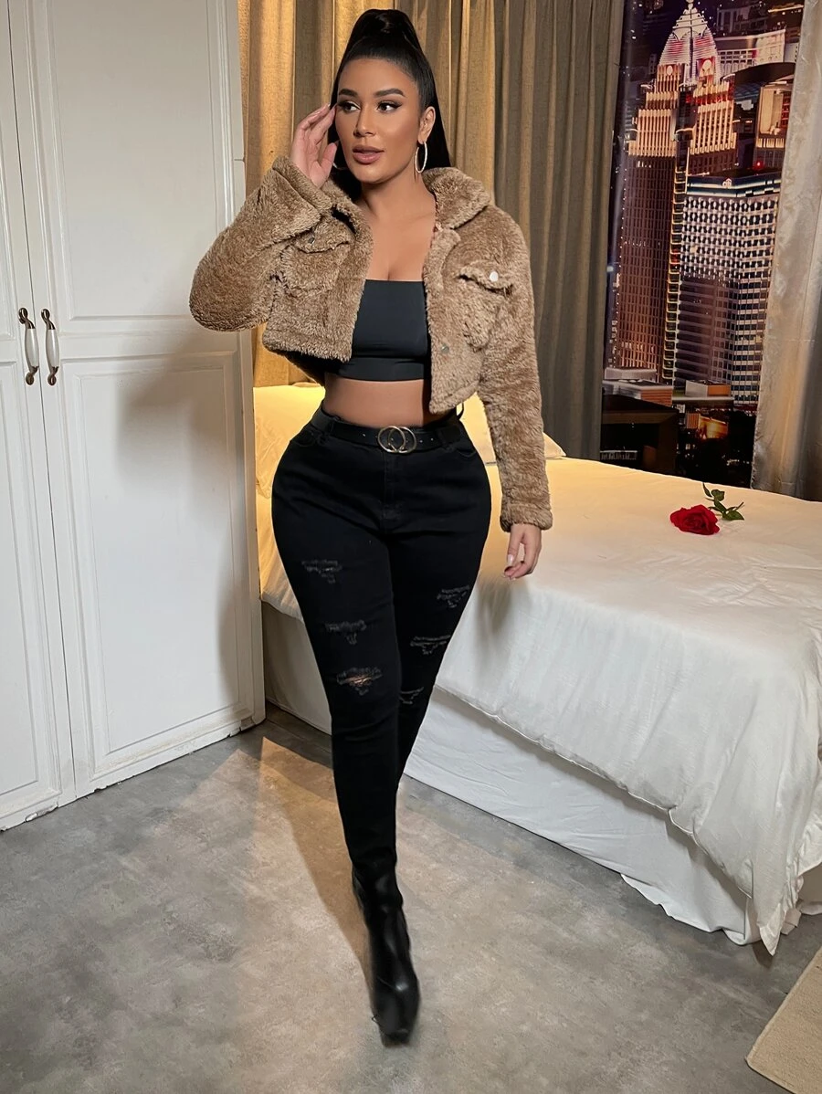 SHEIN SXY Flap Pocket Teddy Crop Jacket In Fall/Winter - Khaki - View 1