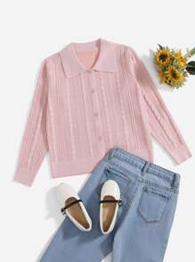 Girls Solid Cable Knit Cardigan - Baby Pink - View 1