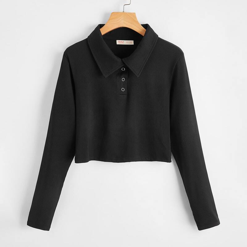 

Solid Ribbed Polo Neck Crop Tee, Black