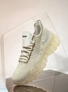 Knit Detail Lace-up Front Chunky Sole Trainers - Beige - View 11