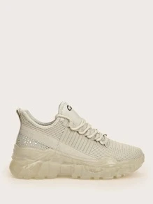 Knit Detail Lace-up Front Chunky Sole Trainers - Beige - View 3