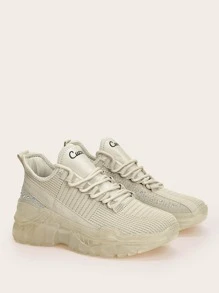 Knit Detail Lace-up Front Chunky Sole Trainers - Beige - View 6