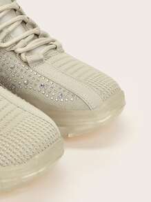 Knit Detail Lace-up Front Chunky Sole Trainers - Beige - View 4
