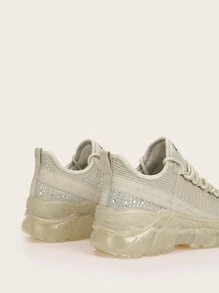 Knit Detail Lace-up Front Chunky Sole Trainers - Beige - View 7