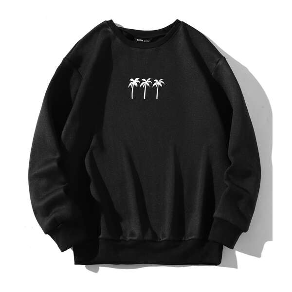 

Palm Tree Print Thermal Pullover, Black