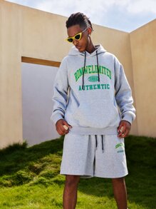 ROMWE MEN ROMWE Limited Guys Letter Kangaroo Pocket Drawstring Hoodie & Shorts - Light Grey - View 1