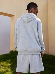 ROMWE MEN ROMWE Limited Guys Letter Kangaroo Pocket Drawstring Hoodie & Shorts - Light Grey - View 2