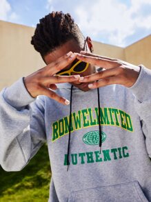 ROMWE MEN ROMWE Limited Guys Letter Kangaroo Pocket Drawstring Hoodie & Shorts - Light Grey - View 5