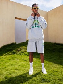 ROMWE MEN ROMWE Limited Guys Letter Kangaroo Pocket Drawstring Hoodie & Shorts - Light Grey - View 6