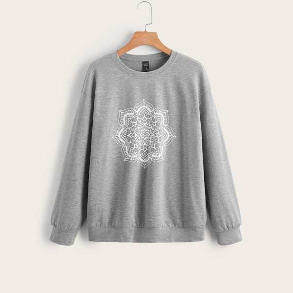 

Marled Mandala Print Drop Shoulder Pullover, Light grey