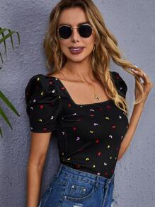 SHEIN Camiseta con estampado de mariposa de manga farol - Negro - Ver 1