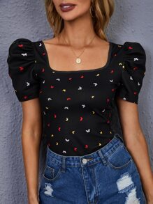 SHEIN Camiseta con estampado de mariposa de manga farol - Negro - Ver 6
