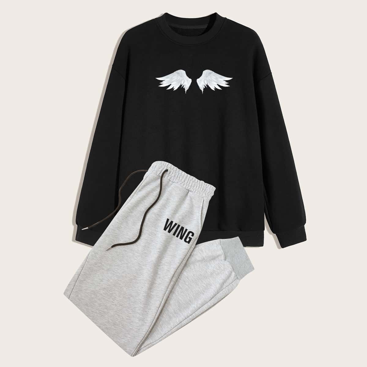 

Guys Wings Print Pullover & Letter Graphic Drawstring Waist Sweatpants, Multicolor