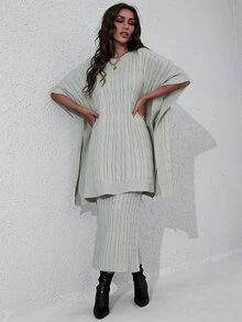 Modelyn 側邊開叉麻花編織斗篷和針織短裙不附腰帶 - 淺灰色 - 查看 3