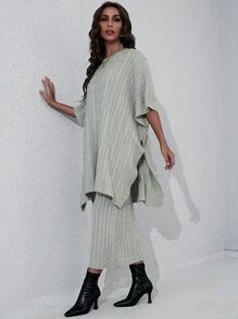 Modelyn 側邊開叉麻花編織斗篷和針織短裙不附腰帶 - 淺灰色 - 查看 5