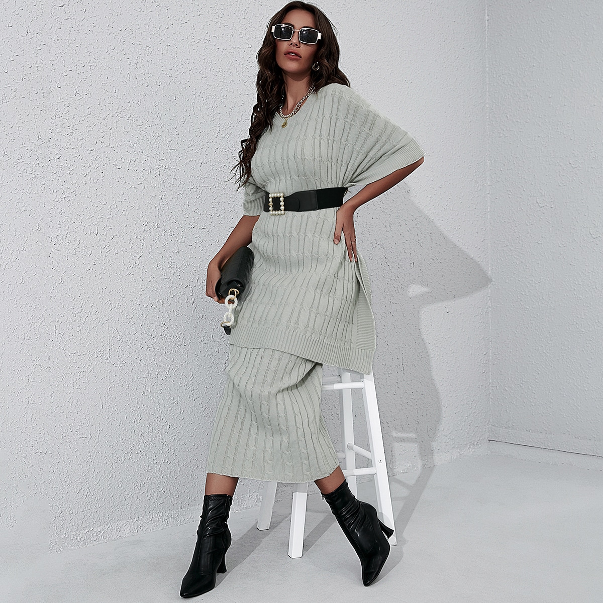 с разрезом на рукавах вязаный Пончо & Вязаная юбка без пояса