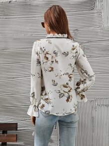 SHEIN Clasi 印花繫帶領襯衫 - 白色 - 查看 2