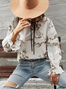 SHEIN Clasi 印花繫帶領襯衫 - 白色 - 查看 4