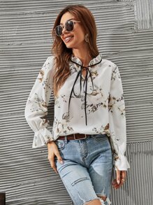 SHEIN Clasi 印花繫帶領襯衫 - 白色 - 查看 5