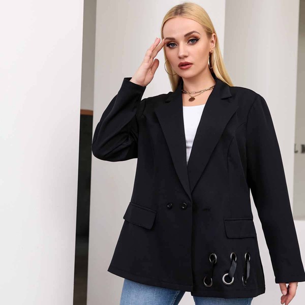 

Plus Solid Lapel Neck Flap Detail Ribbon Blazer, Black