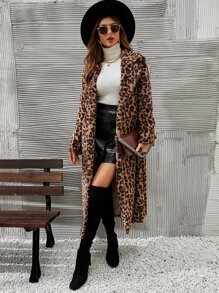 SHEIN LUNE Leopard Lapel Neck Fuzzy Coat - Multicolor - View 1