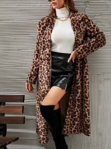 SHEIN LUNE Leopard Lapel Neck Fuzzy Coat - Multicolor - View 3