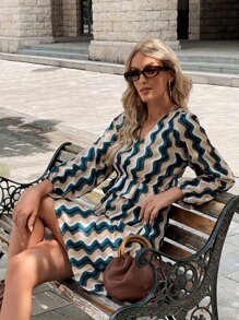 Aveloria Vestido con estampado de rayas de manga farol ribete con fruncido - Multicolor - Ver 1