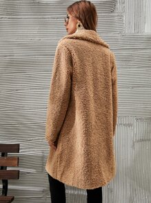 SHEIN LUNE Waterfall Collar Open Front Teddy Coat - Khaki - View 2