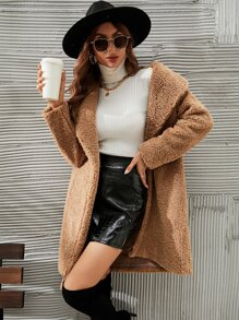 SHEIN LUNE Waterfall Collar Open Front Teddy Coat - Khaki - View 3