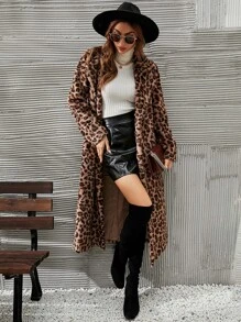 SHEIN LUNE Leopard Lapel Neck Fuzzy Coat - Multicolor - View 5