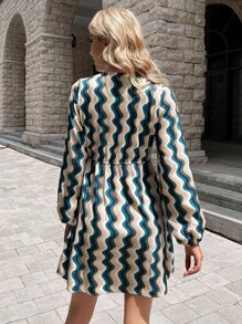 Aveloria Vestido con estampado de rayas de manga farol ribete con fruncido - Multicolor - Ver 2