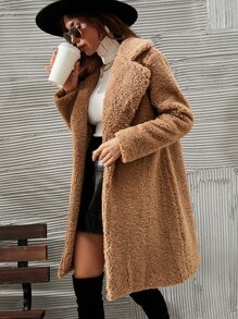 SHEIN LUNE Waterfall Collar Open Front Teddy Coat - Khaki - View 4