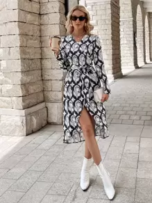 GENKIRA Allover Print Belted Wrap Dress - Black and White - View 1