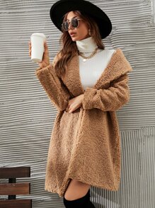 SHEIN LUNE Waterfall Collar Open Front Teddy Coat - Khaki - View 5