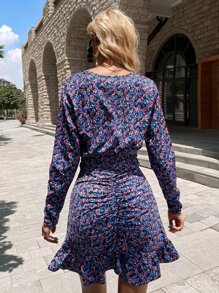 小碎花褶邊荷葉邊連衣裙 - 彩色 - 查看 2