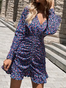 小碎花褶邊荷葉邊連衣裙 - 彩色 - 查看 4